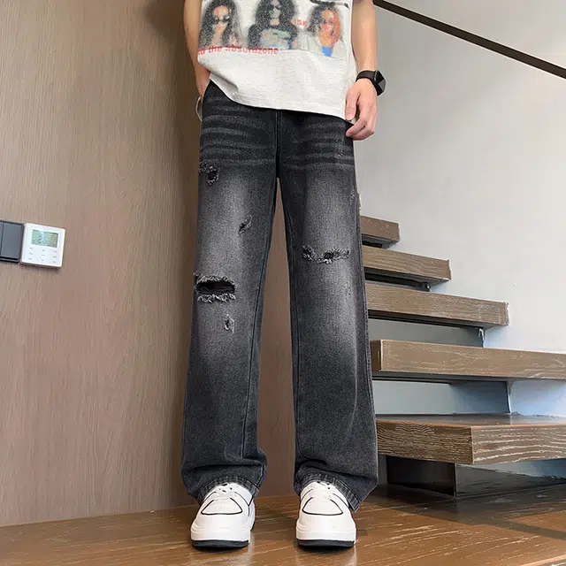 华夏儿女 美式潮牌复古破洞直筒裤高街潮流男女同款宽松休闲时尚百搭牛仔裤 男款