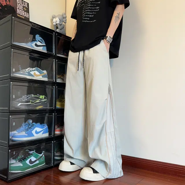 华夏儿女 秋季男女款美式三条杠拉链设计百搭舒适速干阔腿休闲裤 男款