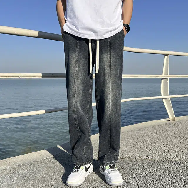 华夏儿女 秋冬季男女同款美式高街潮流休闲直筒裤宽松百搭阔腿牛仔裤 男款