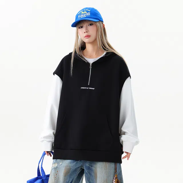 华夏儿女 早秋时尚潮牌男士假两件拼接袋鼠兜连帽潮流韩版宽松卫衣 男款