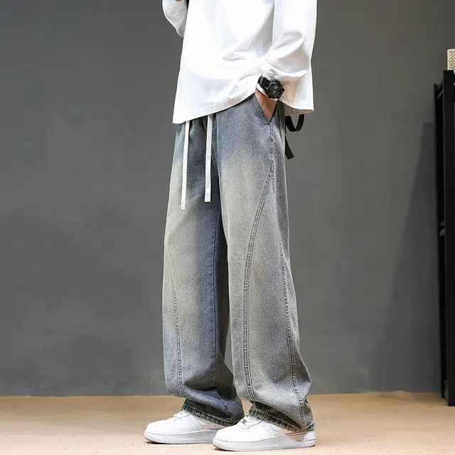 华夏儿女 美式高街宽松直筒潮流休闲百搭牛仔裤 男款