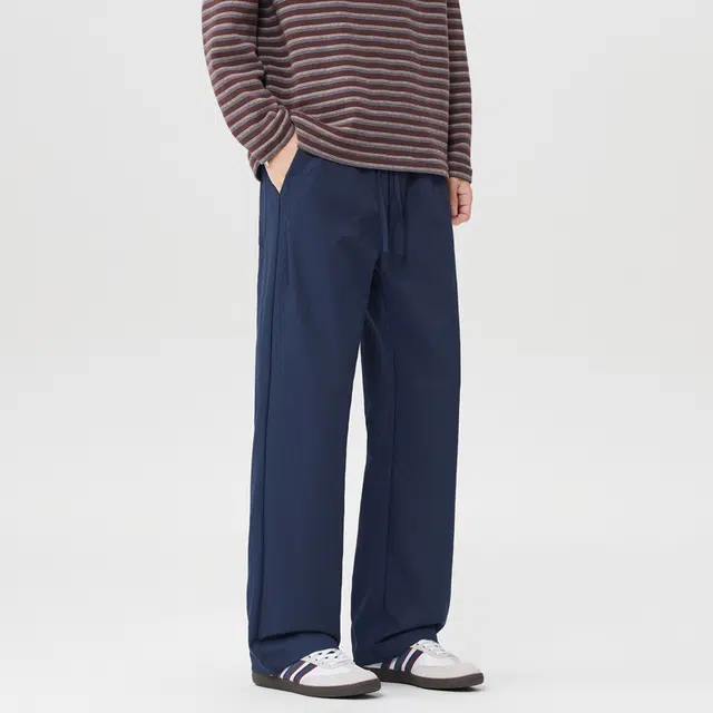 华夏儿女 美式街头复古纯色通勤松紧腰宽松直筒垂感长裤日常出街运动透气舒适柔软亲肤学院风阔腿裤休闲裤 男款