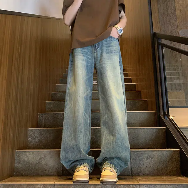 华夏儿女 秋冬季男女款美式高街潮流宽松直筒裤时尚潮牌设计感休闲百搭阔腿牛仔裤 男款