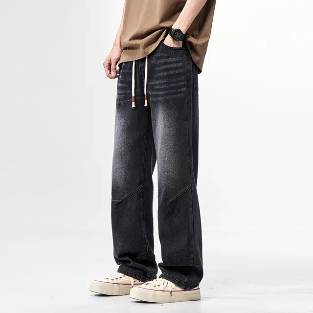华夏儿女 美式高街男女同款宽松直筒裤夏季薄款休闲百搭阔腿牛仔裤 男款