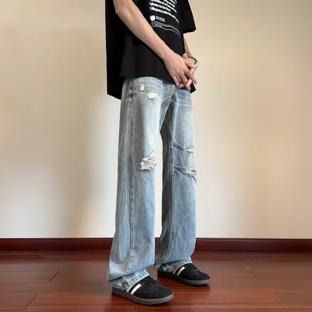 华夏儿女 秋冬季男女同款美式高街潮流破洞设计感百搭休闲直筒牛仔裤 男款