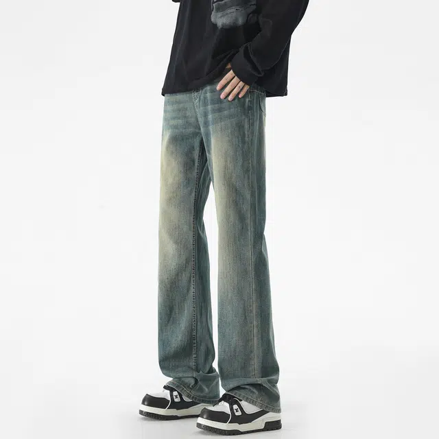 华夏儿女 微喇经典美式高街复古弯刀裤 废土风纯色做旧水洗 中腰显瘦显高 垂感宽松舒适百搭柳叶工装裤牛仔裤 男款