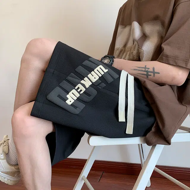 华夏儿女 美式潮牌宽松简约百搭字母中腰系带抽绳垂感舒适柔软户外五分休闲短裤 男女同款