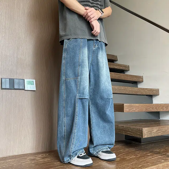 华夏儿女 美式廓形复古宽松休闲裤夏季男女款水洗做旧直筒褶皱弯刀阔腿牛仔裤 男款