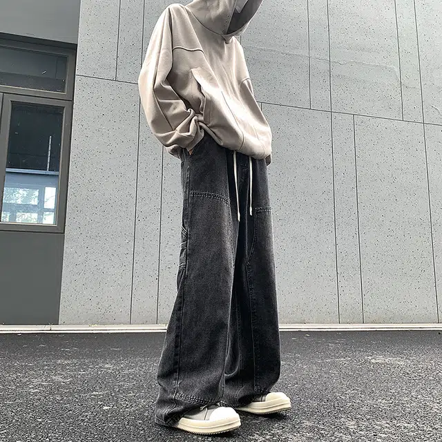 华夏儿女 秋冬款宽松直筒港风休闲阔腿裤男女基款百搭多色松紧水洗拖地牛仔裤 男款