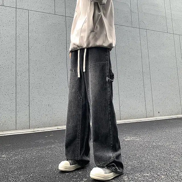 华夏儿女 秋冬款宽松直筒港风休闲阔腿裤男女基款百搭多色松紧水洗拖地牛仔裤 男款