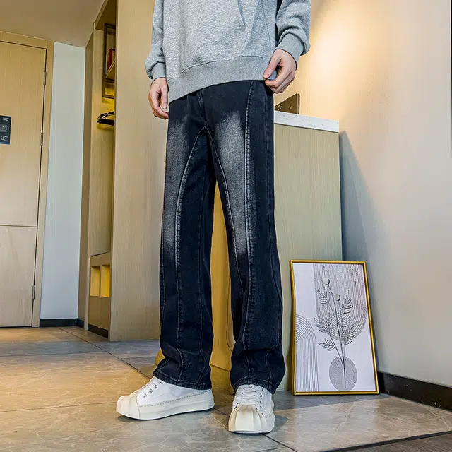 华夏儿女 高街重工工装裤宽松复古直筒裤薄款微喇阔腿牛仔裤 男款