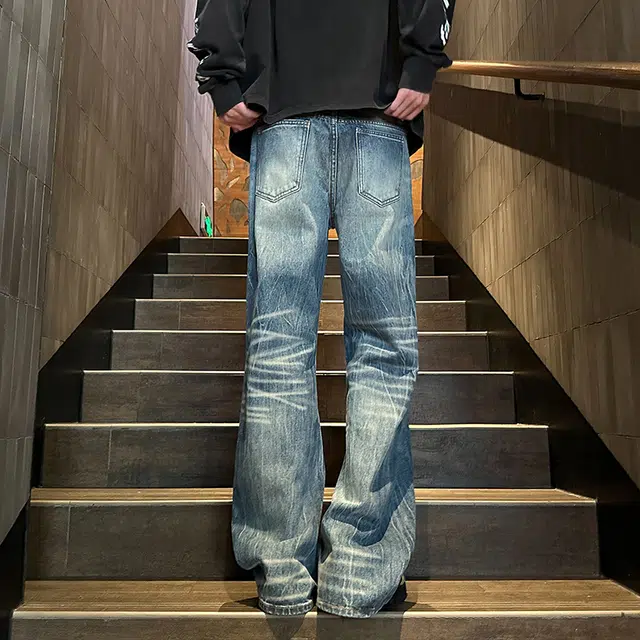 华夏儿女 美式高街大码闪电纹微喇长裤子休闲百搭潮流直筒裤男牛仔裤 男款