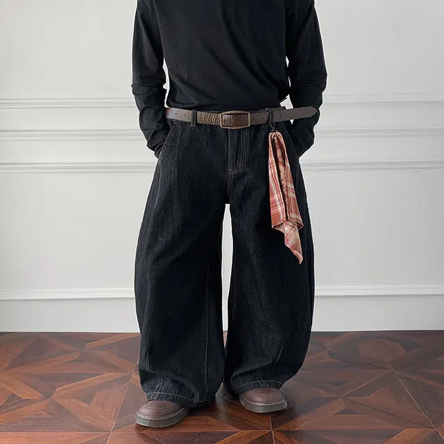 华夏儿女 美式复古可拆卸格子方巾小众设计中腰显高显瘦宽松个性时尚百搭弯刀阔腿长裤日常通勤穿搭牛仔裤 男款