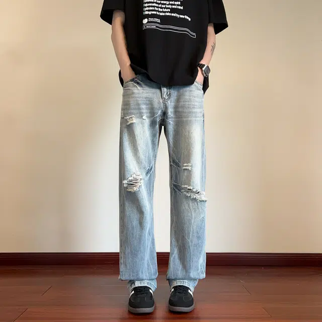 华夏儿女 秋冬季男女同款美式高街潮流破洞设计感百搭休闲直筒牛仔裤 男款