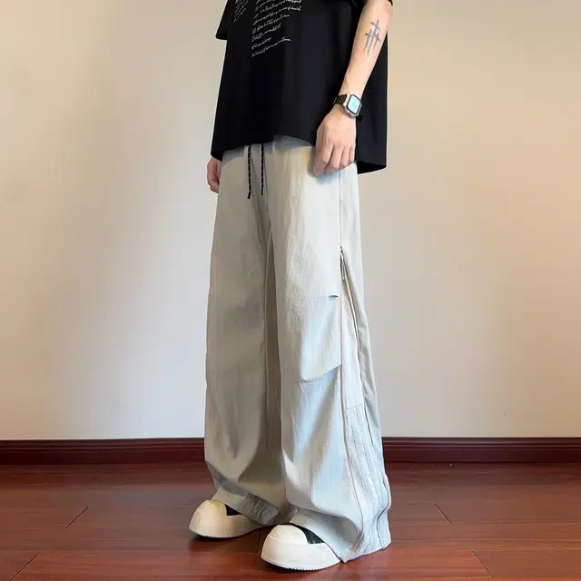华夏儿女 秋季男女款美式三条杠拉链设计百搭舒适速干阔腿休闲裤 男款