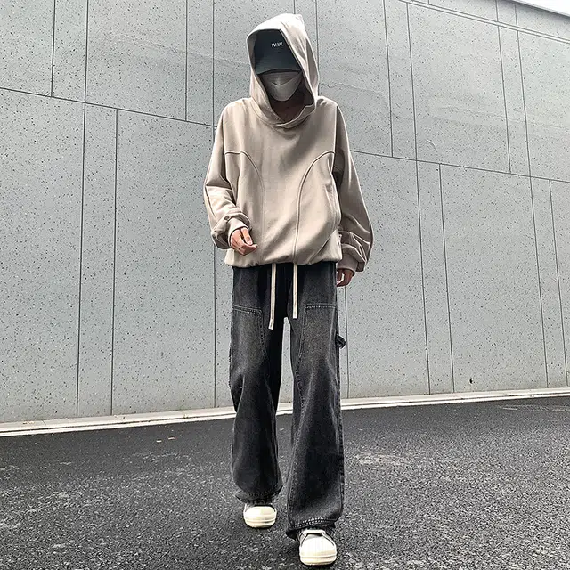 华夏儿女 秋冬款宽松直筒港风休闲阔腿裤男女基款百搭多色松紧水洗拖地牛仔裤 男款