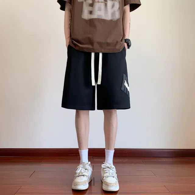 华夏儿女 美式潮牌宽松简约百搭字母中腰系带抽绳垂感舒适柔软户外五分休闲短裤 男女同款