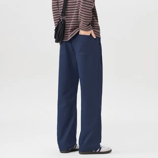 华夏儿女 美式街头复古纯色通勤松紧腰宽松直筒垂感长裤日常出街运动透气舒适柔软亲肤学院风阔腿裤休闲裤 男款