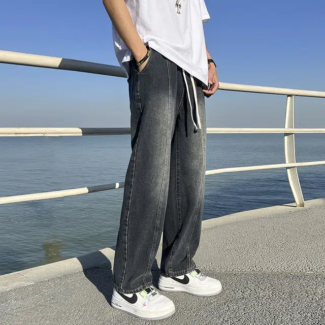 华夏儿女 秋冬季男女同款美式高街潮流休闲直筒裤宽松百搭阔腿牛仔裤 男款