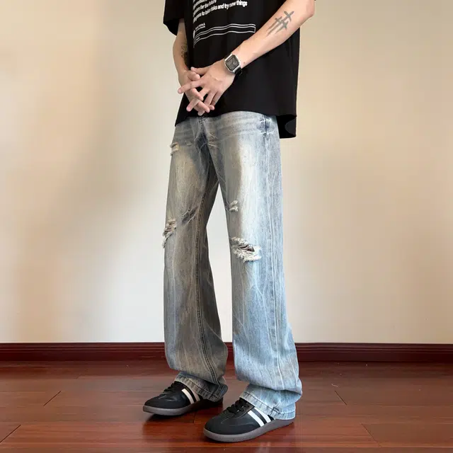 华夏儿女 秋冬季男女同款美式高街潮流破洞设计感百搭休闲直筒牛仔裤 男款