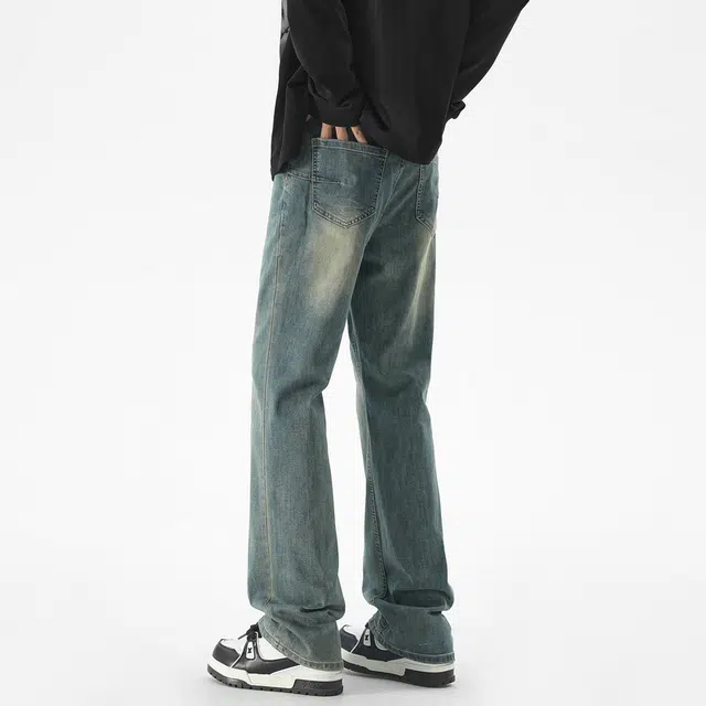 华夏儿女 微喇经典美式高街复古弯刀裤 废土风纯色做旧水洗 中腰显瘦显高 垂感宽松舒适百搭柳叶工装裤牛仔裤 男款