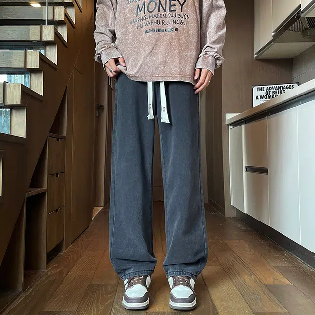 华夏儿女 秋冬季男女款美式港风街头宽松直筒裤高街潮牌时尚休闲百搭牛仔裤 男款