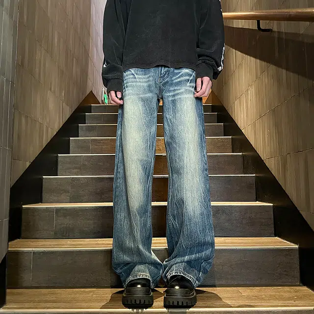 华夏儿女 美式高街大码闪电纹微喇长裤子休闲百搭潮流直筒裤男牛仔裤 男款