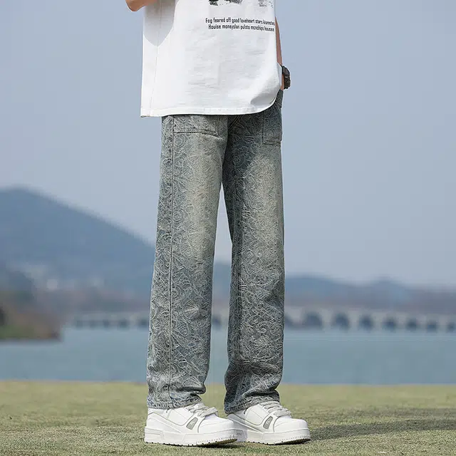 华夏儿女 秋冬季男女同款高街潮流宽松复古提花休闲百搭直筒牛仔裤 男款