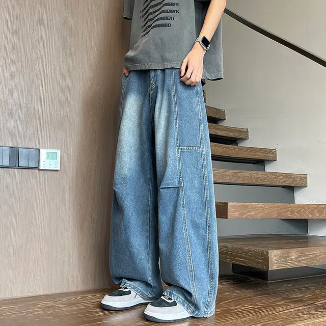 华夏儿女 美式廓形复古宽松休闲裤夏季男女款水洗做旧直筒褶皱弯刀阔腿牛仔裤 男款