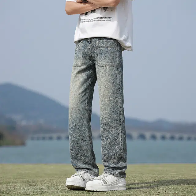 华夏儿女 秋冬季男女同款高街潮流宽松复古提花休闲百搭直筒牛仔裤 男款