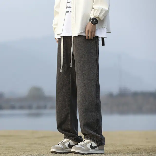 华夏儿女 秋冬季男女同款美式潮牌宽松直筒裤高街潮流百搭休闲牛仔裤 男款