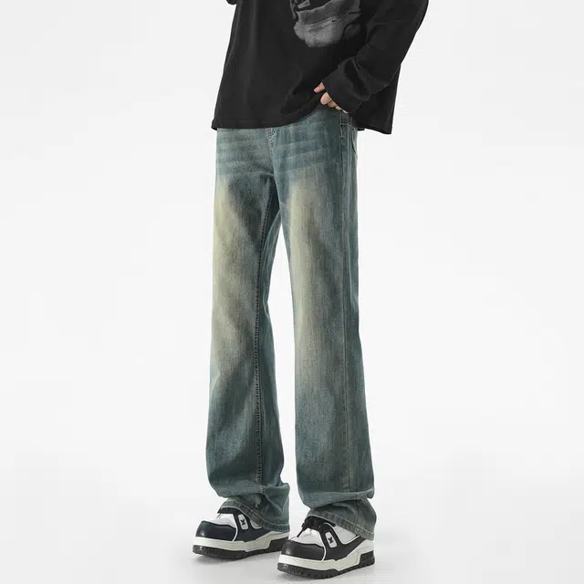 华夏儿女 微喇经典美式高街复古弯刀裤 废土风纯色做旧水洗 中腰显瘦显高 垂感宽松舒适百搭柳叶工装裤牛仔裤 男款