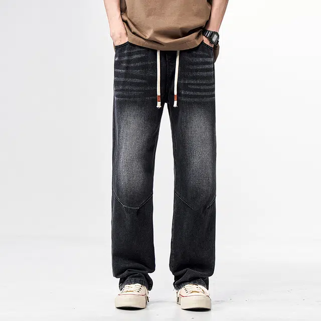 华夏儿女 美式高街男女同款宽松直筒裤夏季薄款休闲百搭阔腿牛仔裤 男款