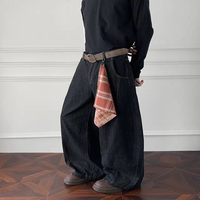 华夏儿女 美式复古可拆卸格子方巾小众设计中腰显高显瘦宽松个性时尚百搭弯刀阔腿长裤日常通勤穿搭牛仔裤 男款