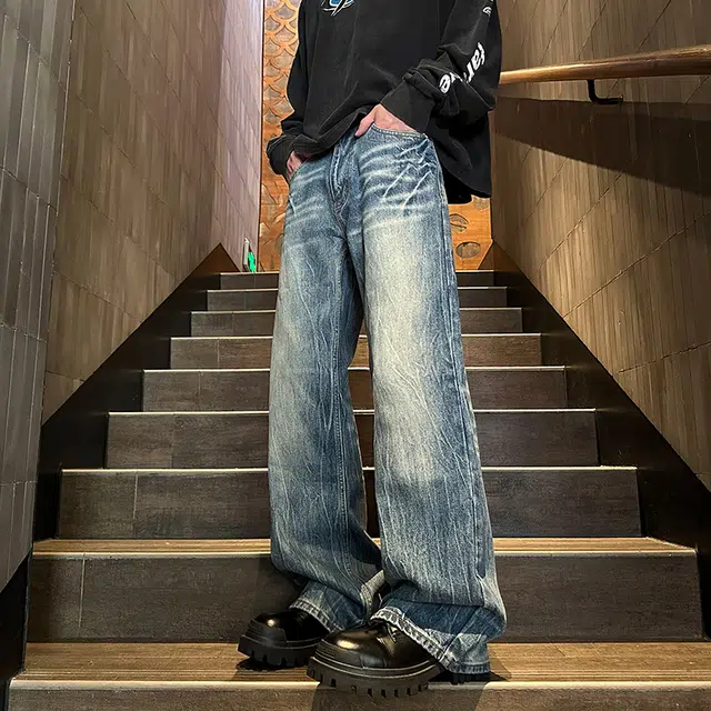 华夏儿女 美式高街大码闪电纹微喇长裤子休闲百搭潮流直筒裤男牛仔裤 男款