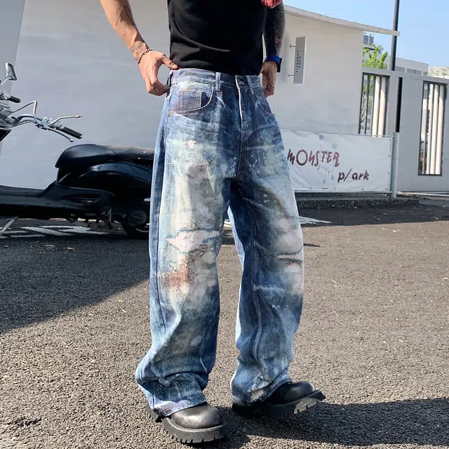 华夏儿女 秋冬季男女同款高街潮牌脏盐水洗直筒裤宽松休闲炸街阔腿牛仔裤 男款