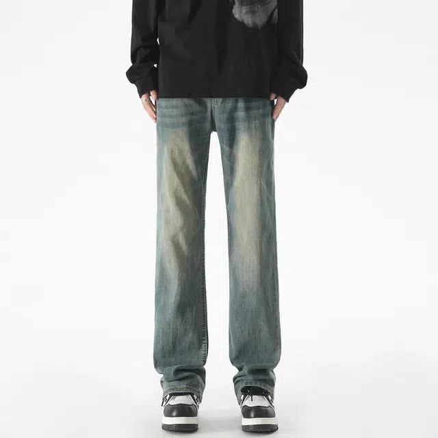 华夏儿女 微喇经典美式高街复古弯刀裤 废土风纯色做旧水洗 中腰显瘦显高 垂感宽松舒适百搭柳叶工装裤牛仔裤 男款