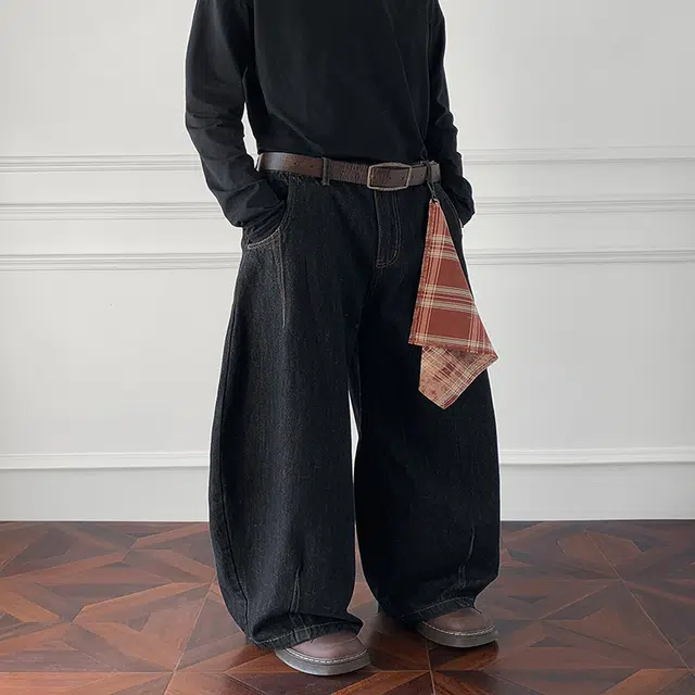 华夏儿女 美式复古可拆卸格子方巾小众设计中腰显高显瘦宽松个性时尚百搭弯刀阔腿长裤日常通勤穿搭牛仔裤 男款