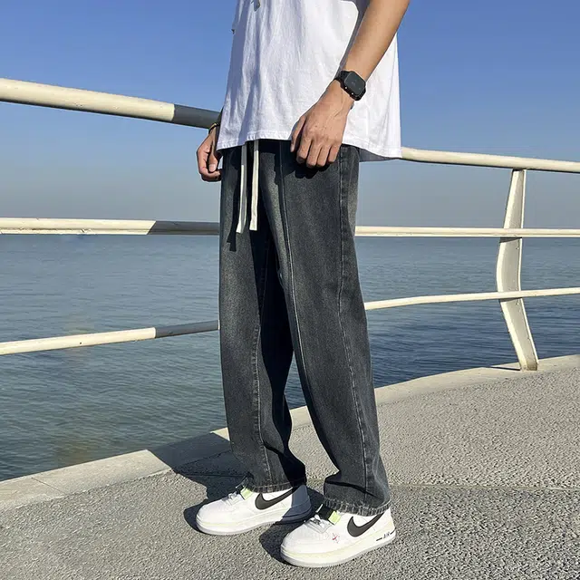 华夏儿女 秋冬季男女同款美式高街潮流休闲直筒裤宽松百搭阔腿牛仔裤 男款