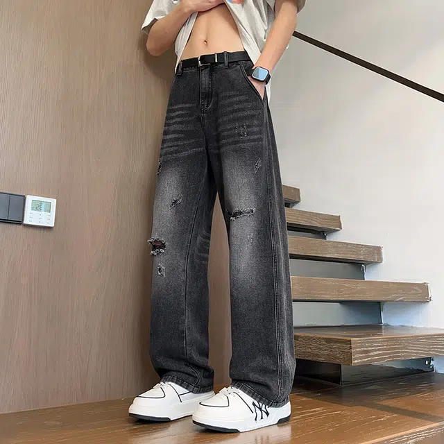 华夏儿女 美式潮牌复古破洞直筒裤高街潮流男女同款宽松休闲时尚百搭牛仔裤 男款