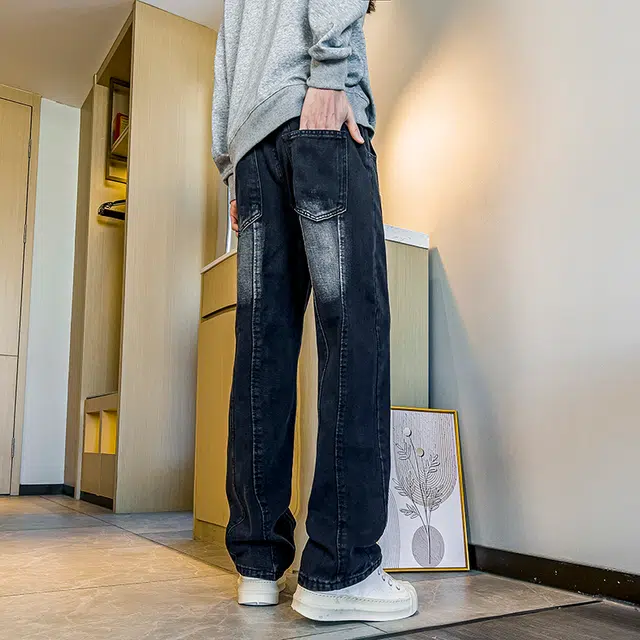 华夏儿女 高街重工工装裤宽松复古直筒裤薄款微喇阔腿牛仔裤 男款