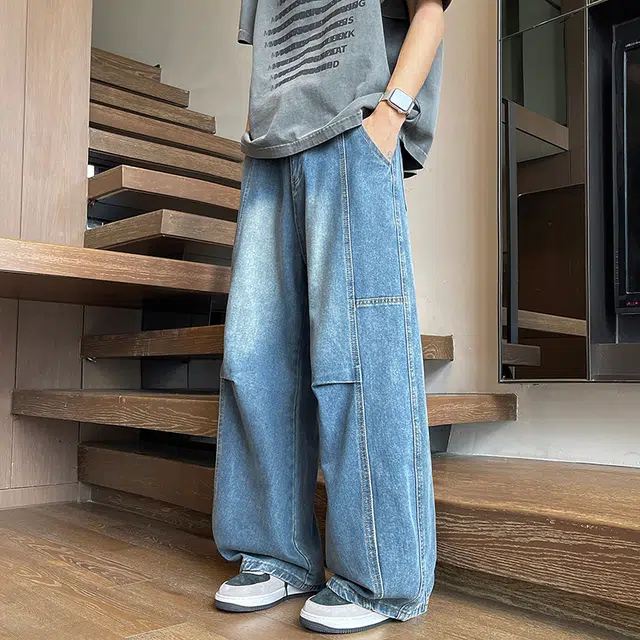 华夏儿女 美式廓形复古宽松休闲裤夏季男女款水洗做旧直筒褶皱弯刀阔腿牛仔裤 男款