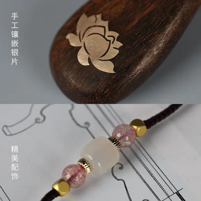 工匠一族 水滴莲花木质手工镶嵌精致古风国风吉祥吊坠 檀木 项链 女款