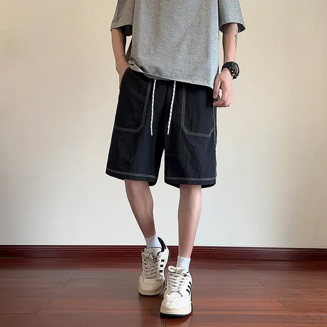 海尔斯 美式高街薄款时尚潮牌港风百搭纯色宽松休闲工装短裤 男款