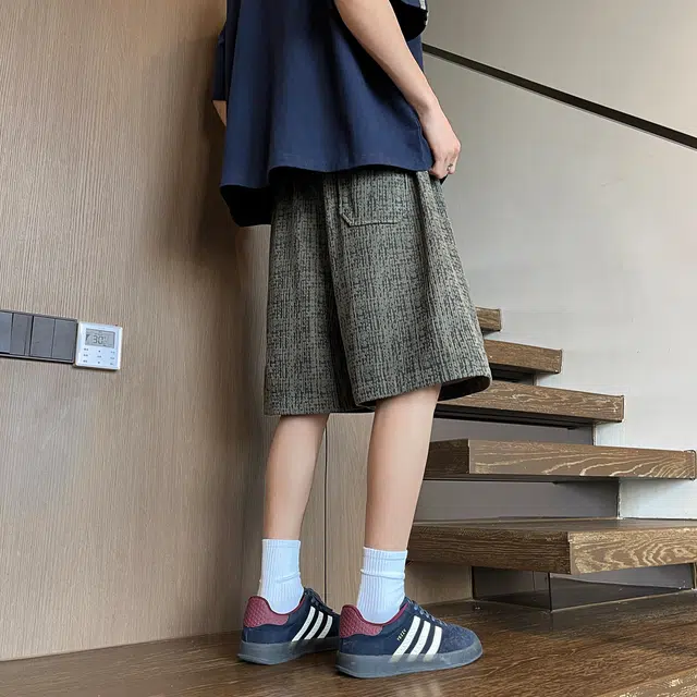 海尔斯 美式复古高街舒适时尚碎花简约百搭宽松直筒系带休闲短裤 男款