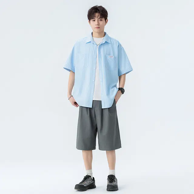 海尔斯 美式复古高街舒适时尚简约纯色条纹轻薄凉感宽松休闲百搭透气翻领短袖衬衫 男款