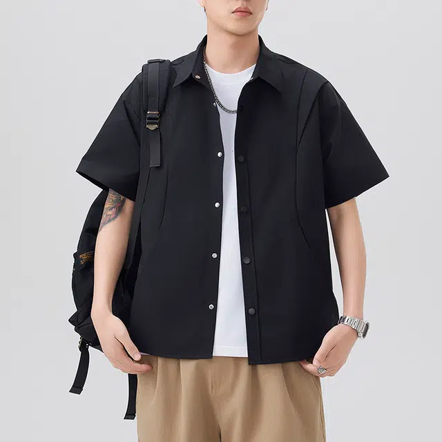 海尔斯 日系三分格百搭帅气拼接工装衬衣冰感运动休闲短袖衬衫 男款