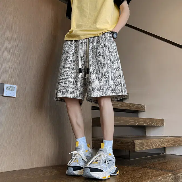 海尔斯 美式复古高街舒适时尚碎花简约百搭宽松直筒系带休闲短裤 男款