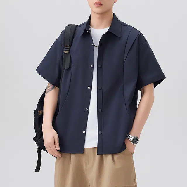 海尔斯 日系三分格百搭帅气拼接工装衬衣冰感运动休闲短袖衬衫 男款
