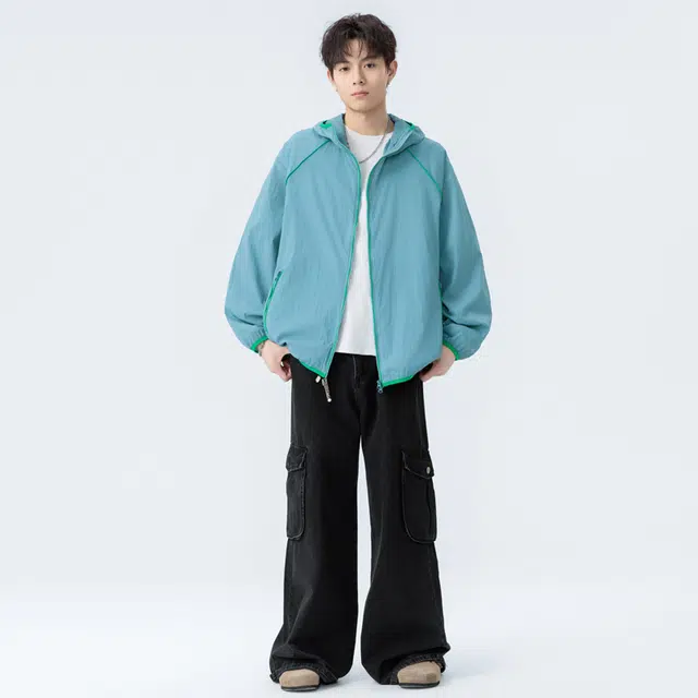 海尔斯 简约舒适宽松条纹户外运动连帽防晒服 男女同款